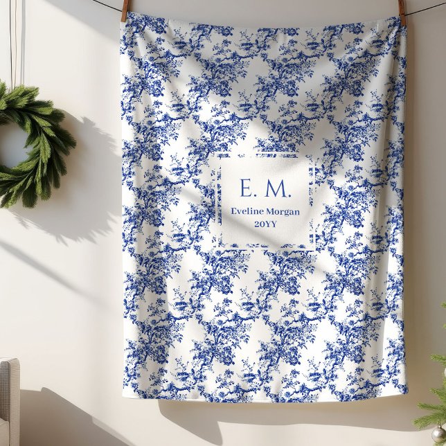 Cobertor Sherpa Personalized French Toile Floral Blue Blanket Gift (Personalized French Toile Floral Blue Blanket Gift)