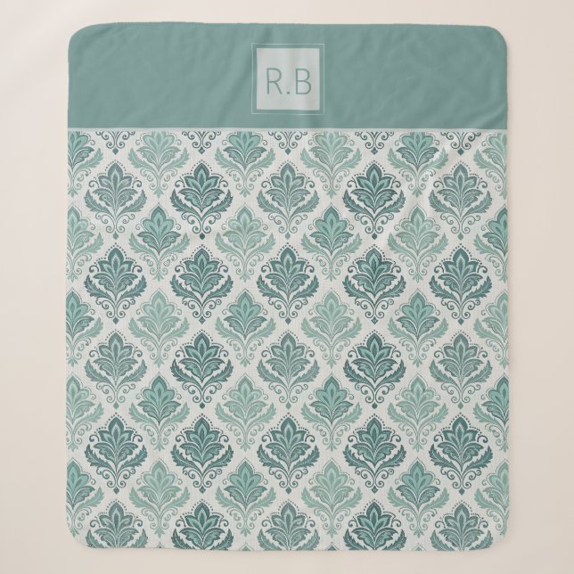 Cobertor Sherpa Personalized Modern Teal Nordic Damask (Frente)