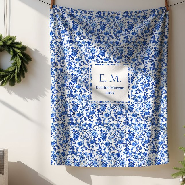 Cobertor Sherpa Personalized Royal Blue Floral Toile Cozy Blanket (Personalized Royal Blue Floral Toile Cozy Blanket)