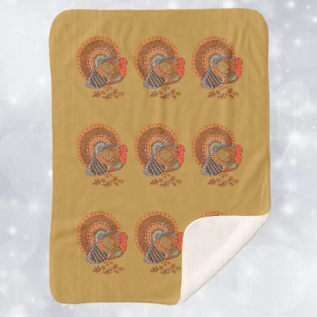 Cobertor Sherpa Peru Macho Cauda Avental Folhas de Outono Amarelas (Male Thanksgiving Turkeys brown orange feathers in Autumn leaves on mustard yellow Sherpa Blanket.)