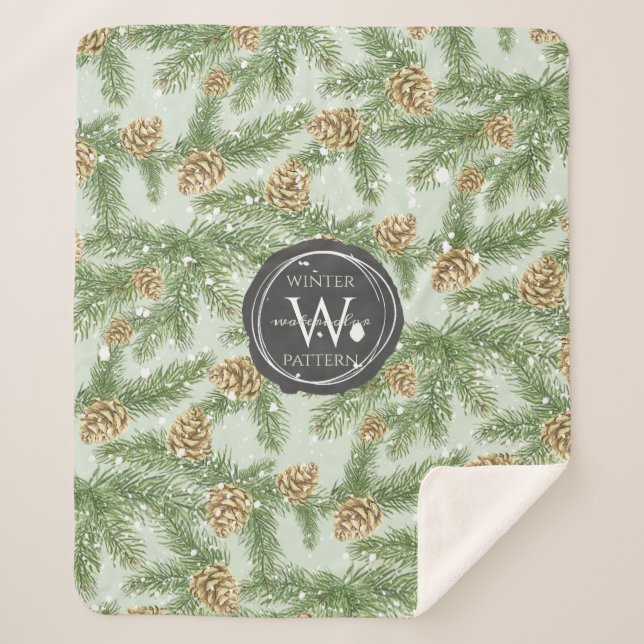 Cobertor Sherpa Pine Branches & Pine Cones Watercolor Padrão (Frente)