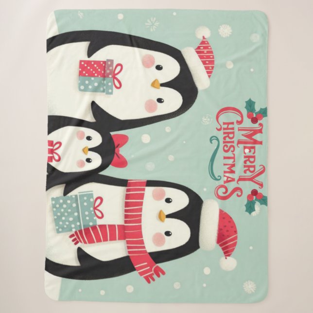 Cobertor Sherpa Pinguins de neve de Natal feliz (Frente)