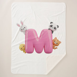 Cobertor Sherpa Pink 3D Letter M Sherpa Throw Blanket with Animals