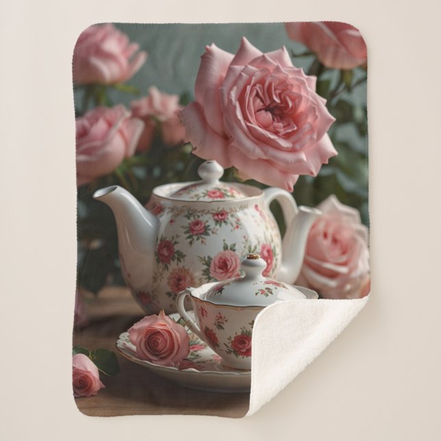 Cobertor Sherpa Pink Cabbage Rose Tea  (Frente)