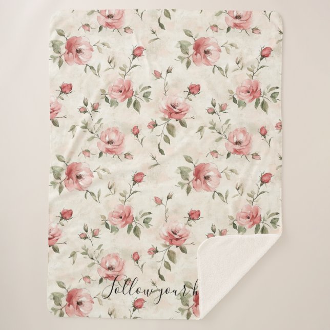 Cobertor Sherpa Pink Roses Floral  (Frente)