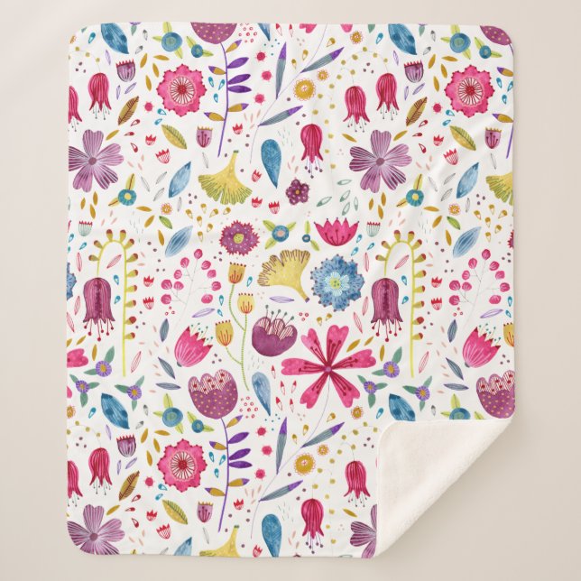 Cobertor Sherpa Pintura Botânica De Flores Selvagens De Aquarela (Frente)