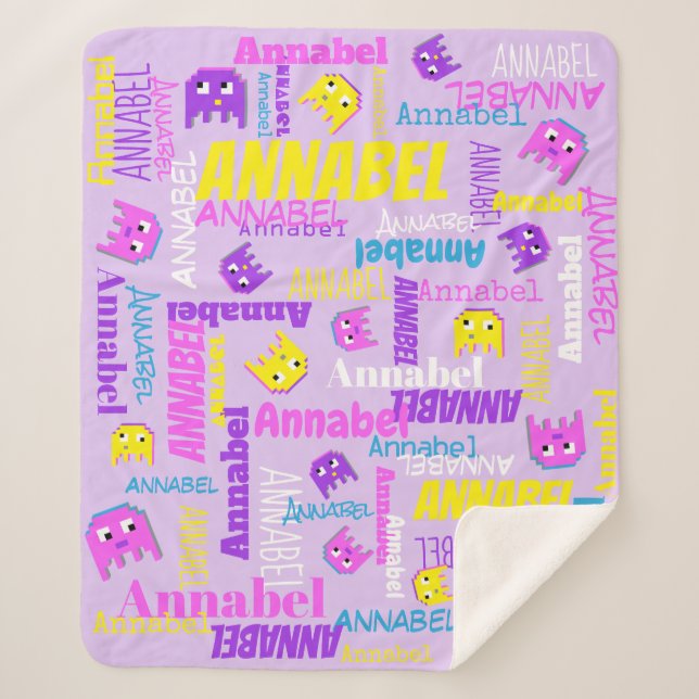 Cobertor Sherpa Pixel jogos cor-de-rosa, amarelo púrpura nome (Frente)