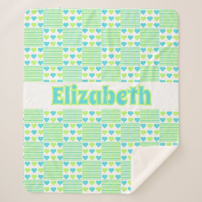 Cobertor Sherpa Plaid and Hearts add your name White background (Frente)