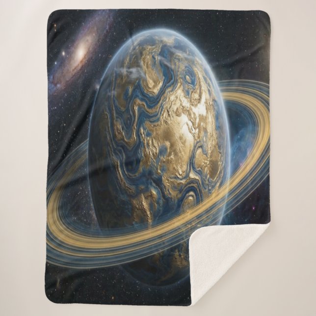 Cobertor Sherpa Planeta Azul Dourado com anéis (Frente)