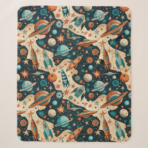Cobertor Sherpa Plano de Foguete Espacial Retro Planetas Laranja T