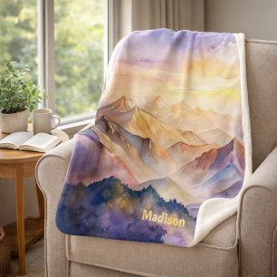 Cobertor Sherpa Pôr do Sol Personalizado de Montanha em Aquarela