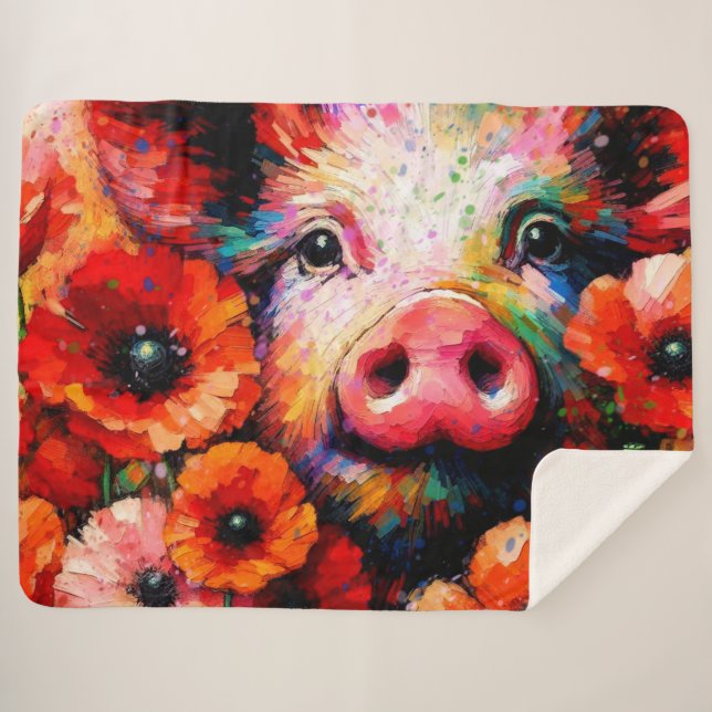 Cobertor Sherpa Porco Impressionista em Flores Vermelhas (Frente (Horizontal))