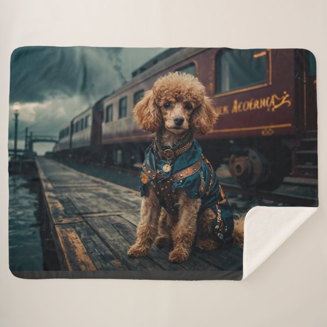 Cobertor Sherpa Portrato do Stationmaster do Poodle Steampunk (Frente (Horizontal))