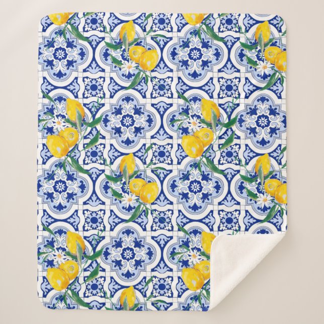 Cobertor Sherpa Portuguese tiles,lemons,fruits,summer art        (Frente)