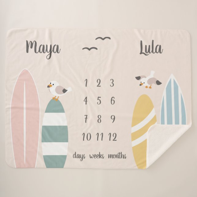 Cobertor Sherpa Praia Surfer Twins Milestone Baby (Frente (Horizontal))