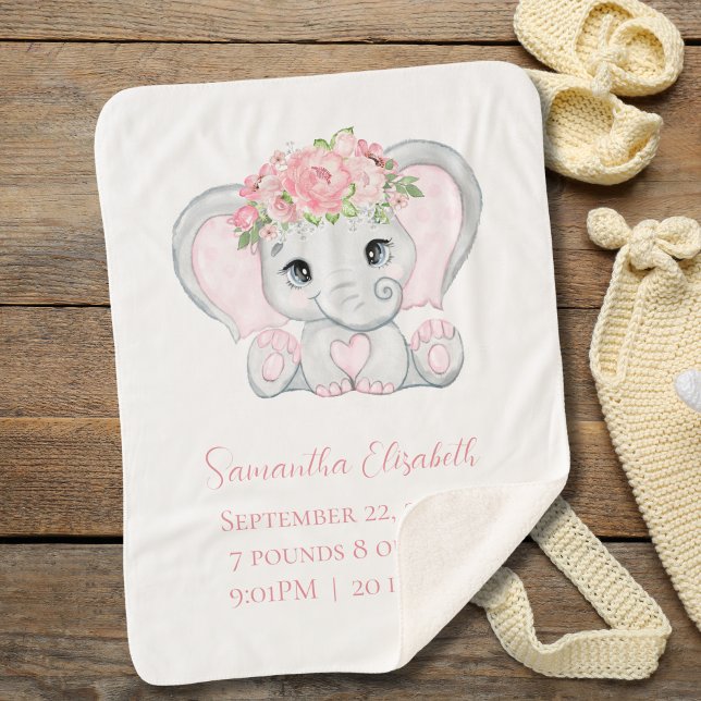 Cobertor Sherpa Presente de Bebê-Elefante Rosa (Pink Elephant Sherpa Baby Blanket. Personalized with name and birth stats)