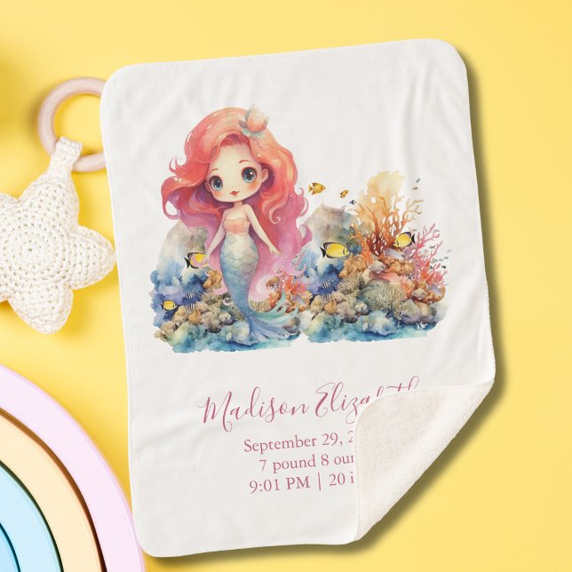 Cobertor Sherpa Presente Personalizado para Chás de Bebê de Sereia (Mermaid Sea Life Baby Blanket with Birth Stats for Baby Girl. Great Baby shower or new baby gift)