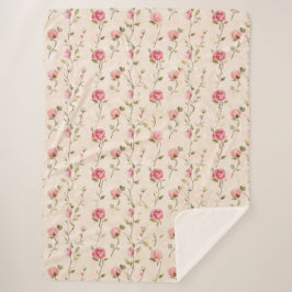 Cobertor Sherpa Pretty Pink Cream Roses Floral