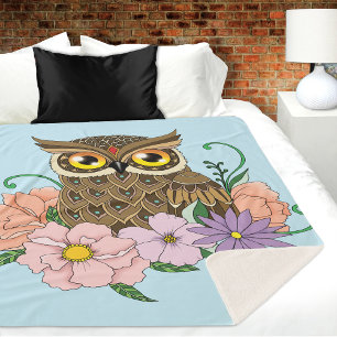 Cobertor Sherpa Primavera Pastel Flowers Owl