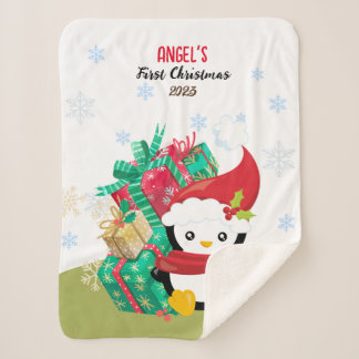 Cobertor Sherpa Primeira Menina Pinguim de Natal Sherpa Blanket
