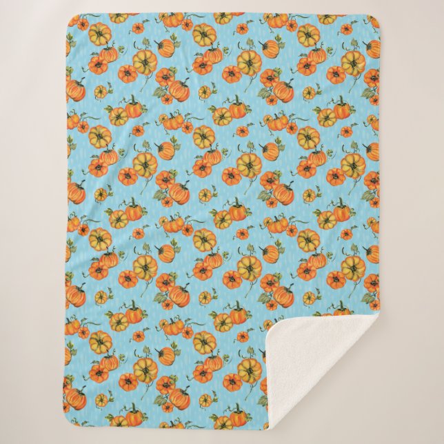 Cobertor Sherpa Pumpkins Laranja/Azul com Aquarela (Frente)