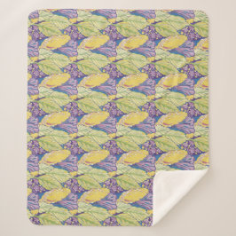 Cobertor Sherpa Purple Green Yellow Ornamental Floral Pattern.