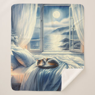 Cobertor Sherpa Quarto Costeiro Iluminado pela Lua com Gato Adorme