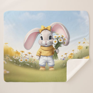 Cobertor Sherpa Rabbit holding bouquet of white daisies