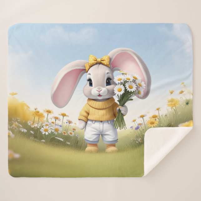 Cobertor Sherpa Rabbit holding bouquet of white daisies (Frente (Horizontal))