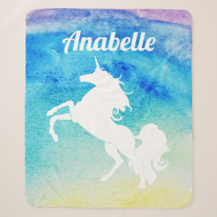Cobertor Sherpa Rainbow Watercolor & White Unicorn Personalizado