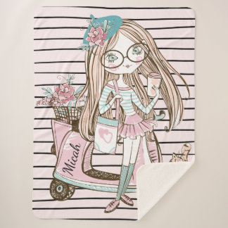 Cobertor Sherpa Rapariga e Gato com Patinete com Nome Personalizad