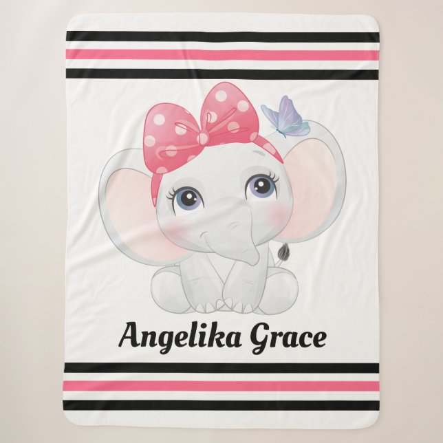 Cobertor Sherpa Rapariga Elefante Bebê com Nome Personalizado do A (Frente)