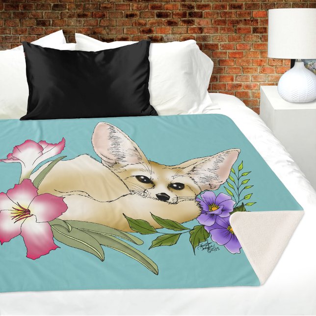 Cobertor Sherpa Raposa Fennec Flores Rosa Roxo Fofo Botânico Azul (Criador carregado)