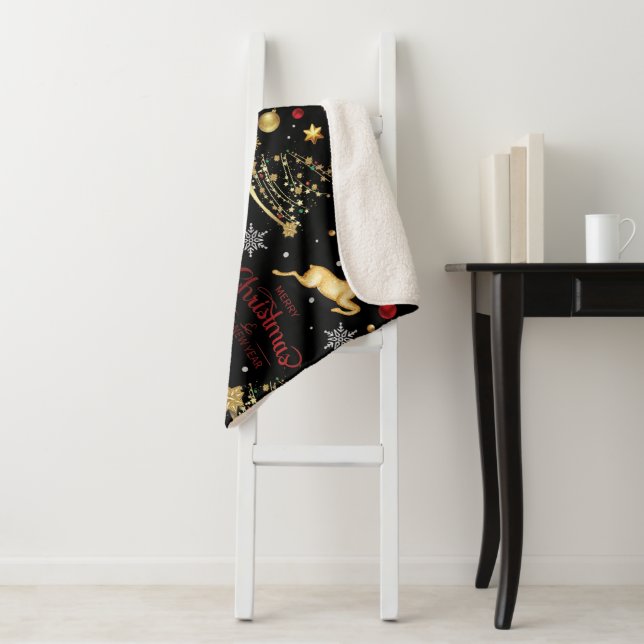 Cobertor Sherpa Red Dourado Reindeer Feliz Árvore de Natal (In Situ)