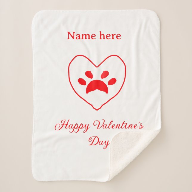 Cobertor Sherpa Red heart dog cat paw happy Valentine's day name  (Frente)