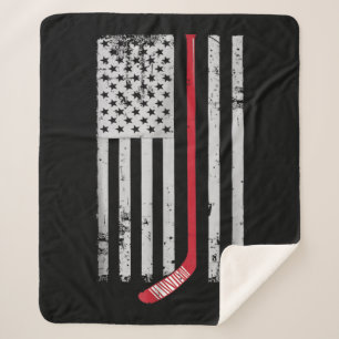 Cobertor Sherpa Red Hockey Stick American Flag USA Hockey