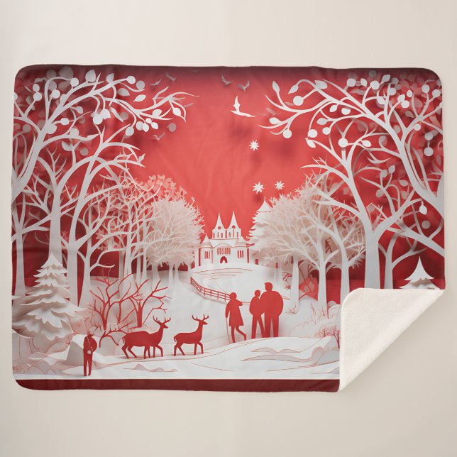 Cobertor Sherpa Reindeers 3D e Pessoas na aldeia (Frente (Horizontal))