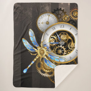 Cobertor Sherpa Relógio Steampunk com Dragonfly Mecânica