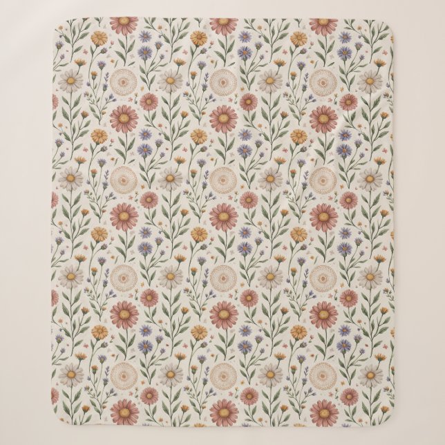 Cobertor Sherpa  Remendo de Flores Silvestres Desenhadas à Mão Vin (Frente)