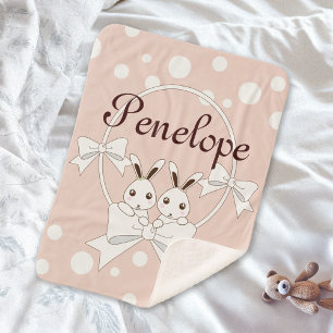 Cobertor Sherpa Renda Rosa Pastel e Branco Bege com Coelho Gêmeo F