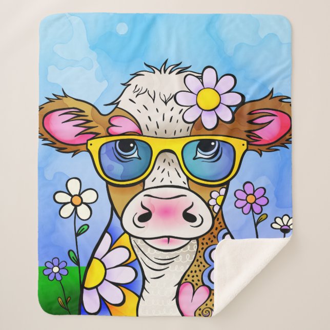 Cobertor Sherpa Retrato de Vaca Doodle (Frente)