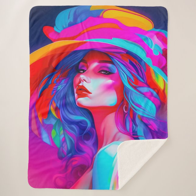 Cobertor Sherpa Retrato Neon Pop Art (Frente)