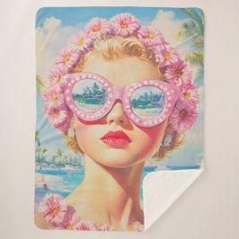 Cobertor Sherpa Retro Beach Girl com óculos de sol florais
