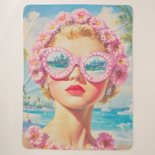 Cobertor Sherpa Retro Beach Girl com óculos de sol florais