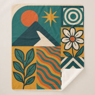 Cobertor Sherpa Retro Nature Abstrato Art-Modern Geométrico Floral