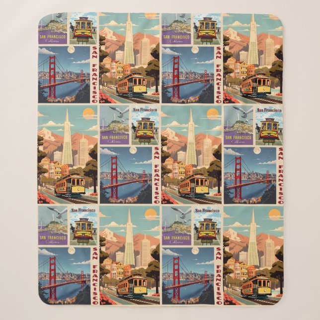 Cobertor Sherpa Retro San Francisco Patchwork (Frente)