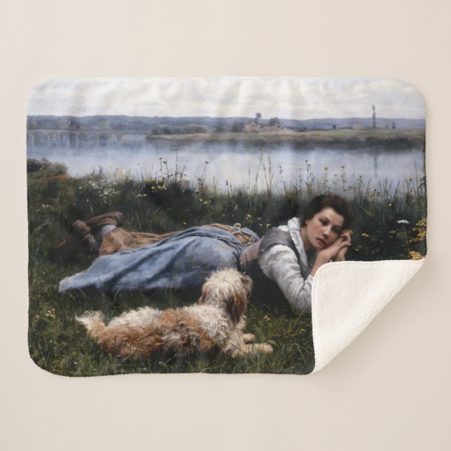 Cobertor Sherpa Reverioso (Garota deitada na grama com seu cachorr (Frente (Horizontal))
