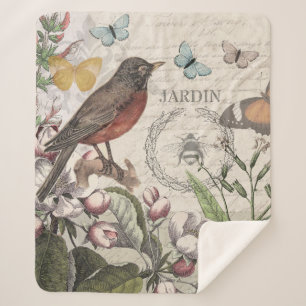 Cobertor Sherpa Robin Elegant Bird Butterfly Arte Francesa