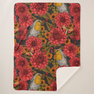 Cobertor Sherpa Robins no jardim do outono, dahlias vermelhas em p