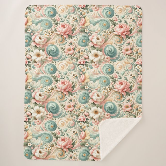 Cobertor Sherpa Roios Florais Whimsical em Pastel (Frente)